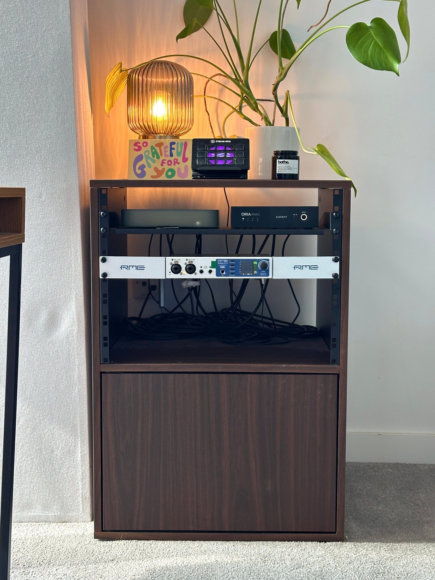 Studio rack cabinet with warm lamp, plant and audio interfaces